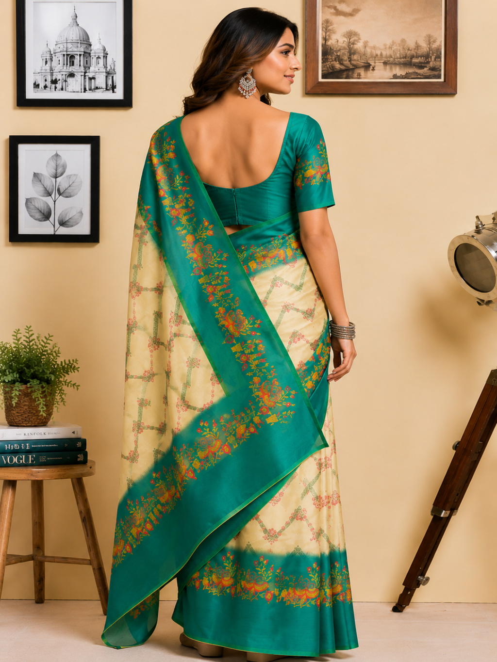 Rich Teal Green that frames the delicate Cream Base Cotton Ready to Wear Saree