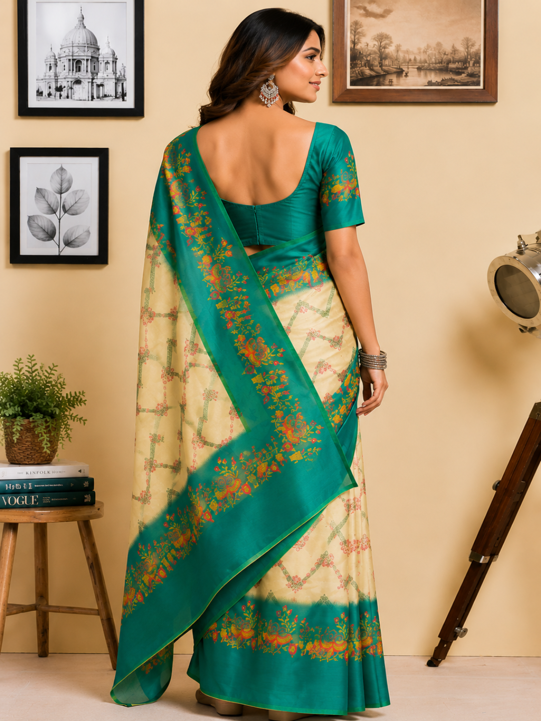 Rich Teal Green that frames the delicate Cream Base Cotton Ready to Wear Saree