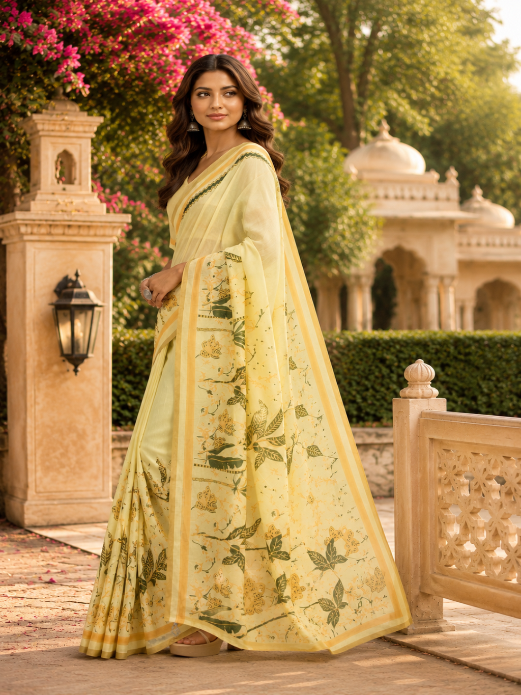 Ready-to-Wear Cream Chanderi Cotton Floral Printed Saree