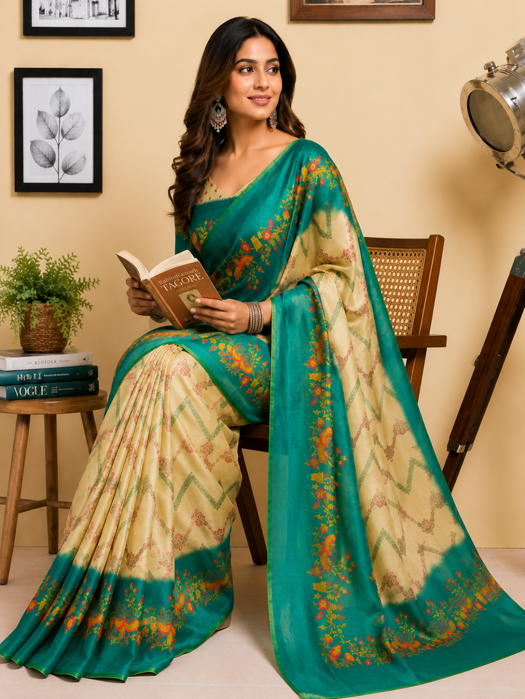 Rich Teal Green that frames the delicate Cream Base Cotton Ready to Wear Saree