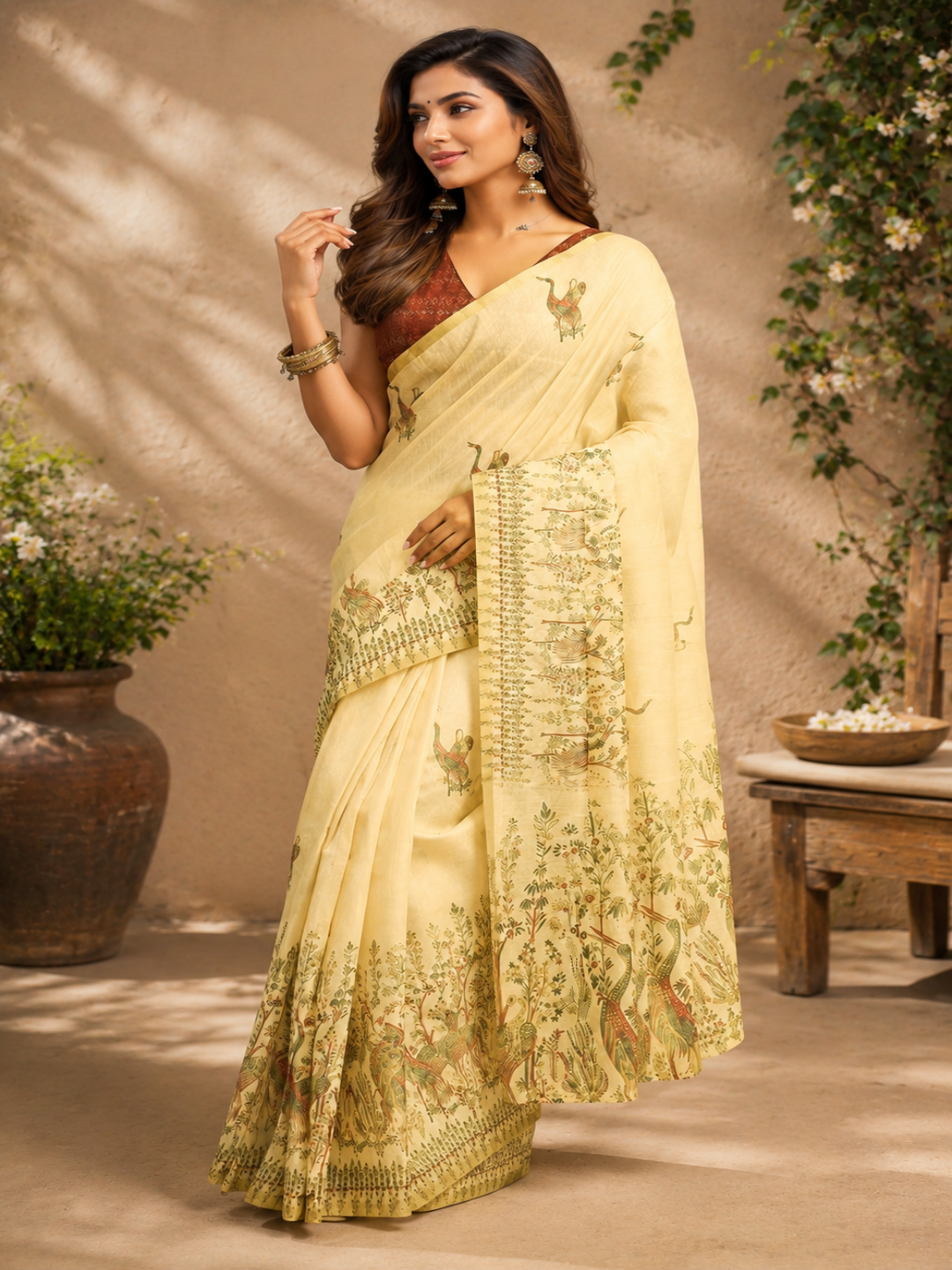 beige and brown tones with ethnic motifs and floral prints throughout the body and border.
