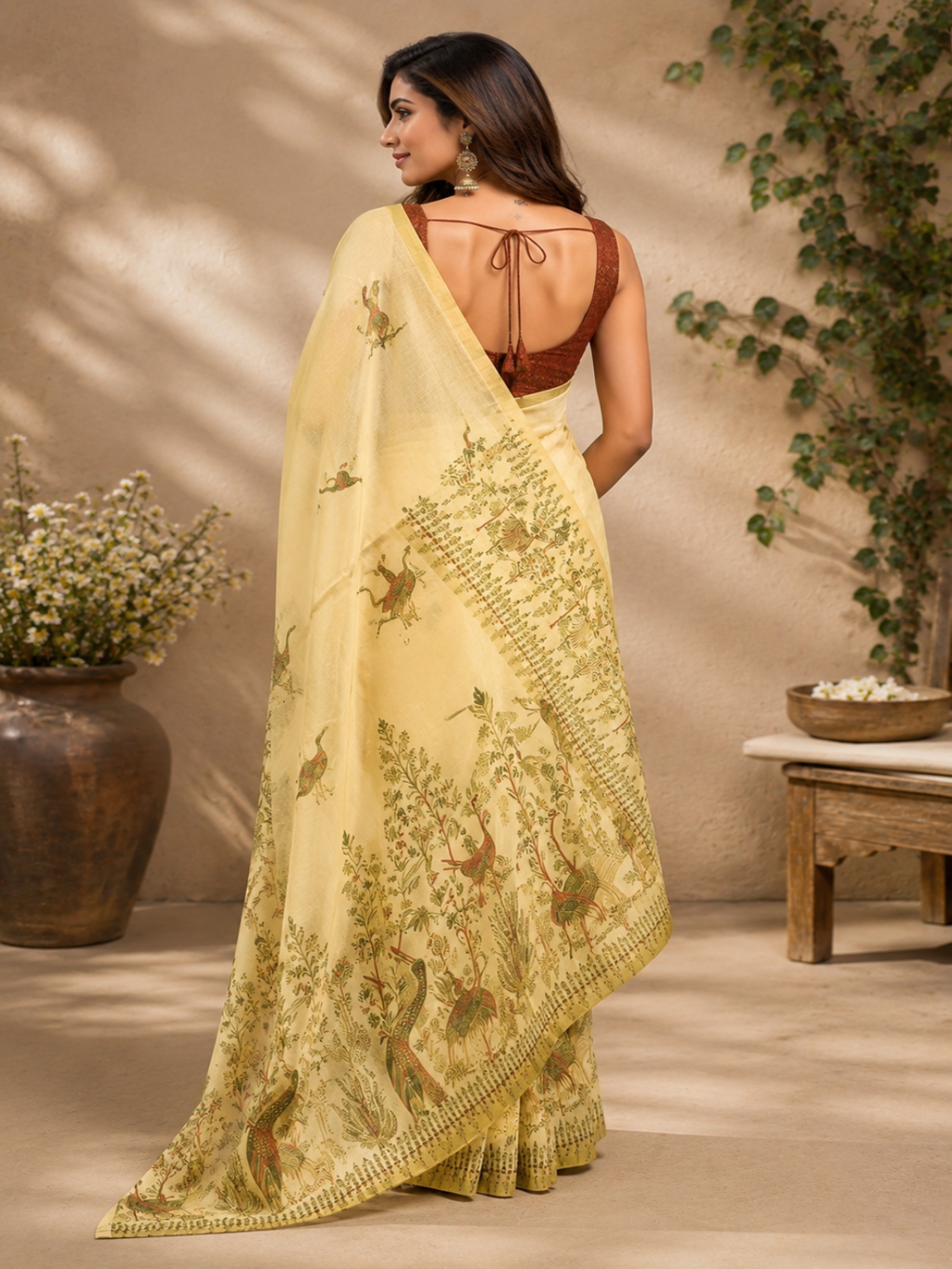 beige and brown tones with ethnic motifs and floral prints throughout the body and border.
