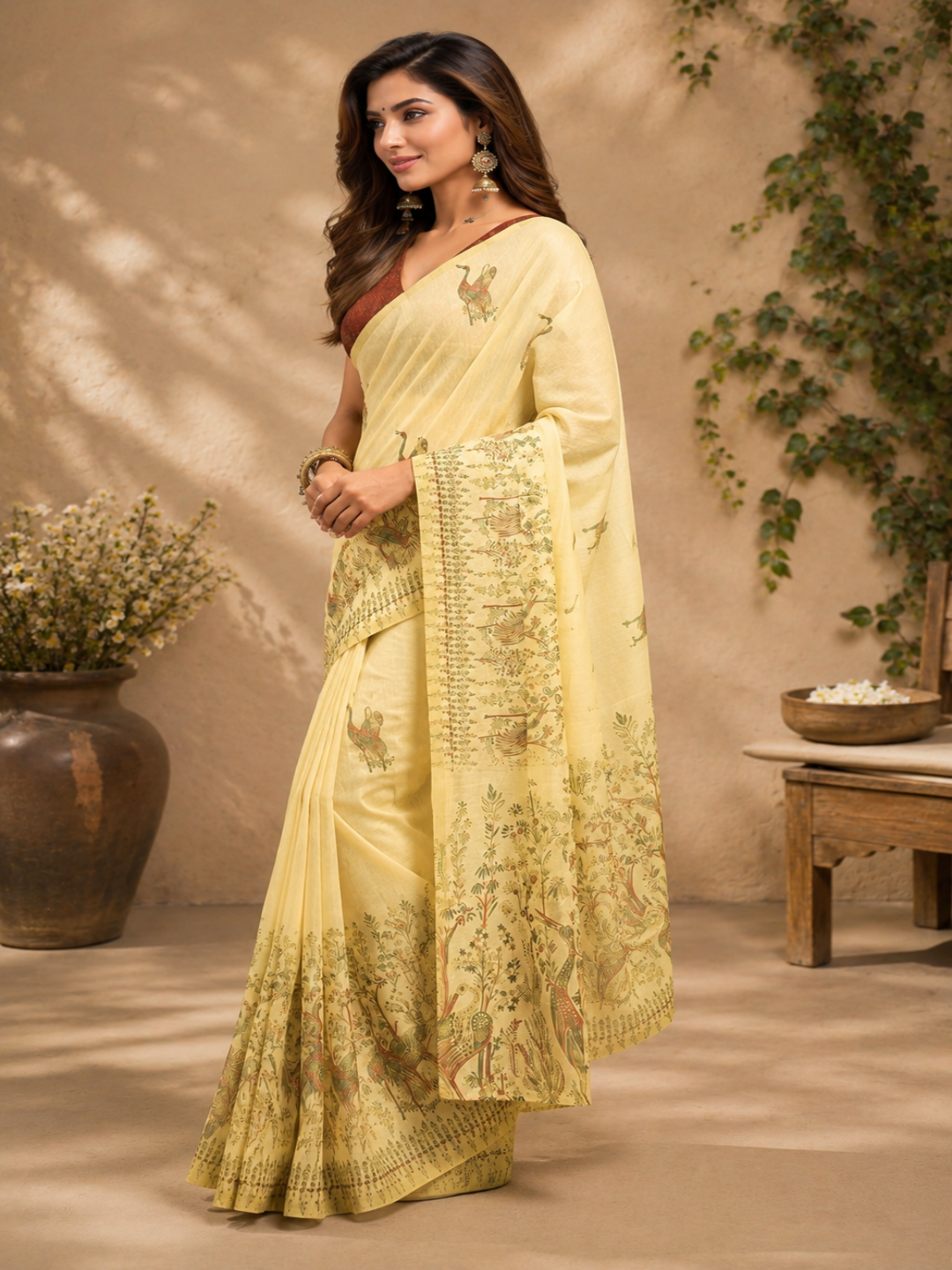 beige and brown tones with ethnic motifs and floral prints throughout the body and border.