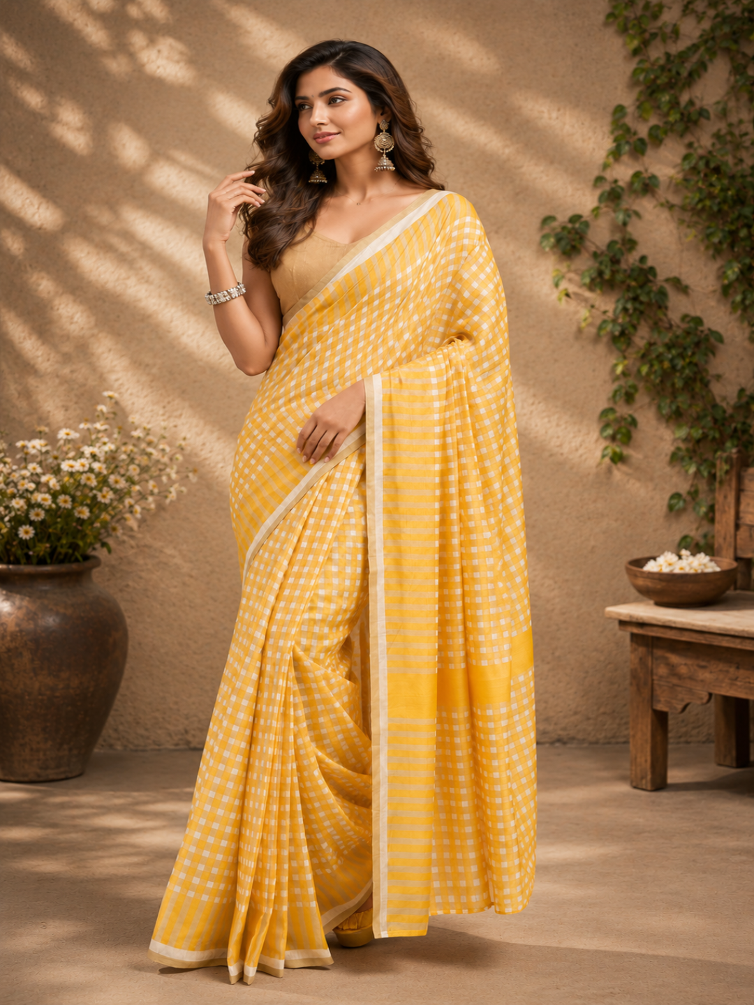 Contemporary Chic: "Ready-To-Wear Yellow Chanderi Cotton Printed Saree