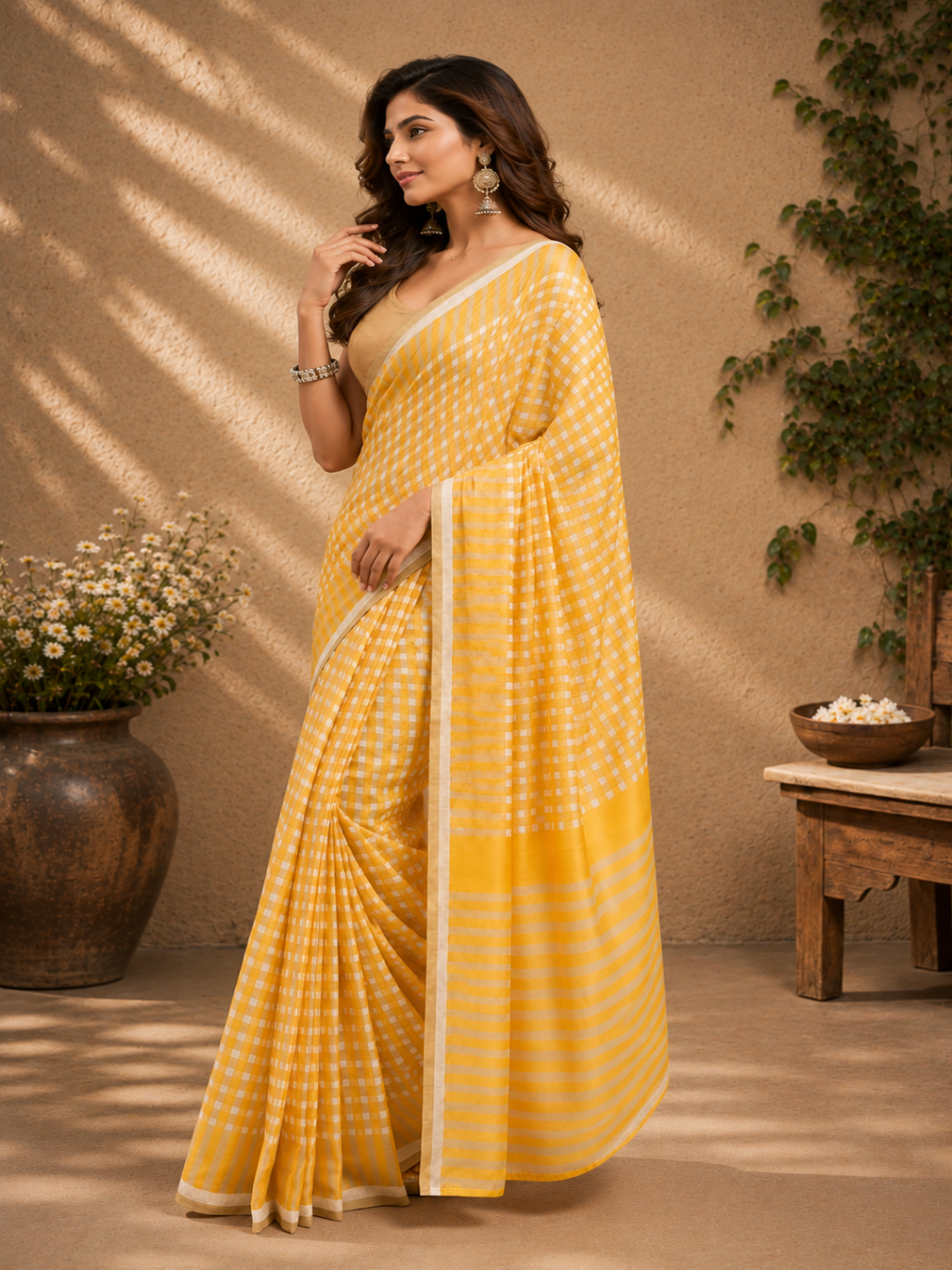 Contemporary Chic: "Ready-To-Wear Yellow Chanderi Cotton Printed Saree