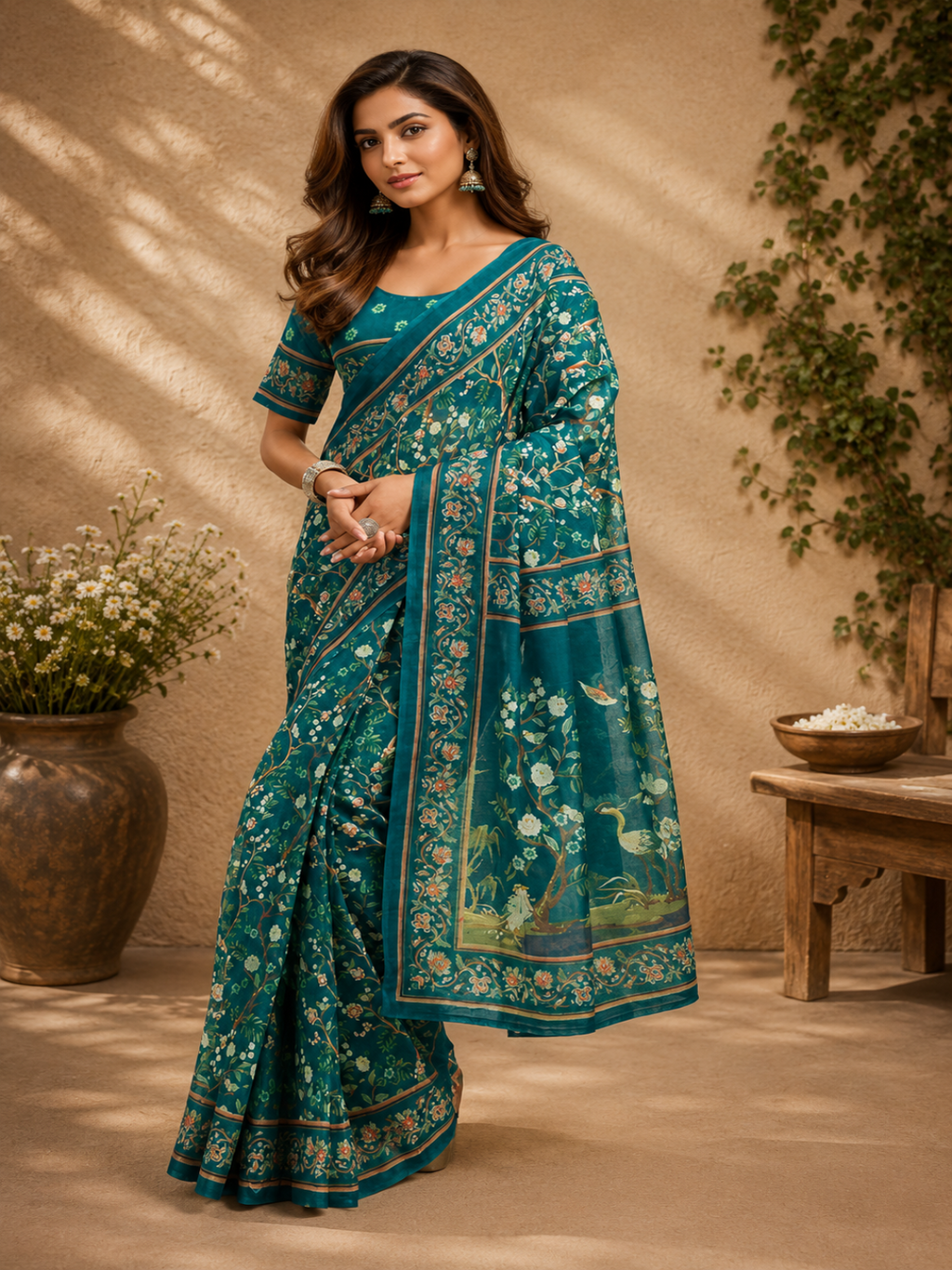 Intricate floral prints and traditional motifs, frequently featuring nature-inspired themes like flowers and birds