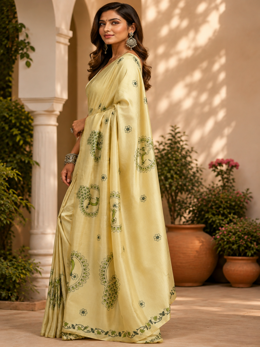 Peacock Motif Chanderi Cotton Saree: Focusing on the distinct circular peacock and floral motifs.