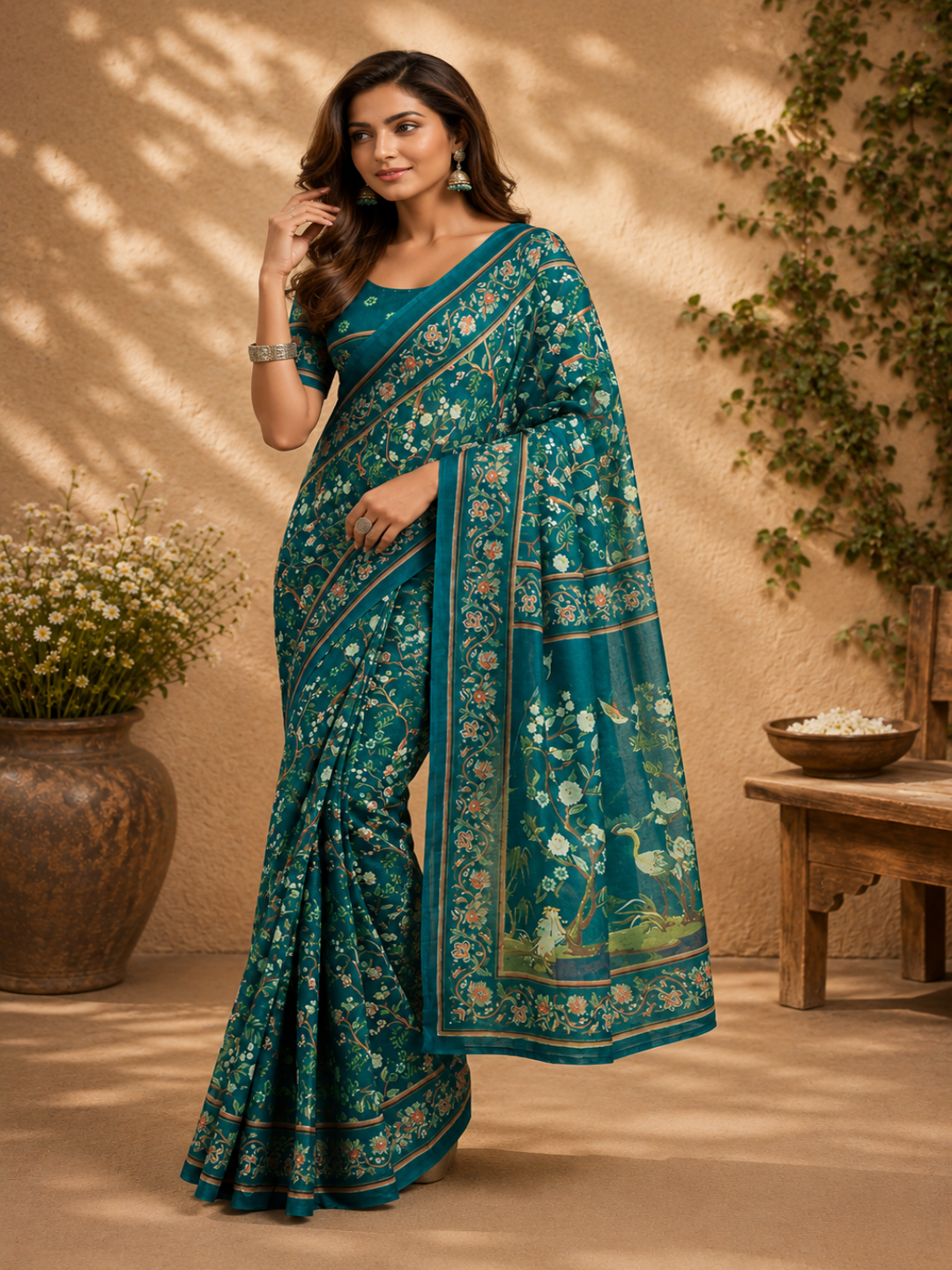 Intricate floral prints and traditional motifs, frequently featuring nature-inspired themes like flowers and birds