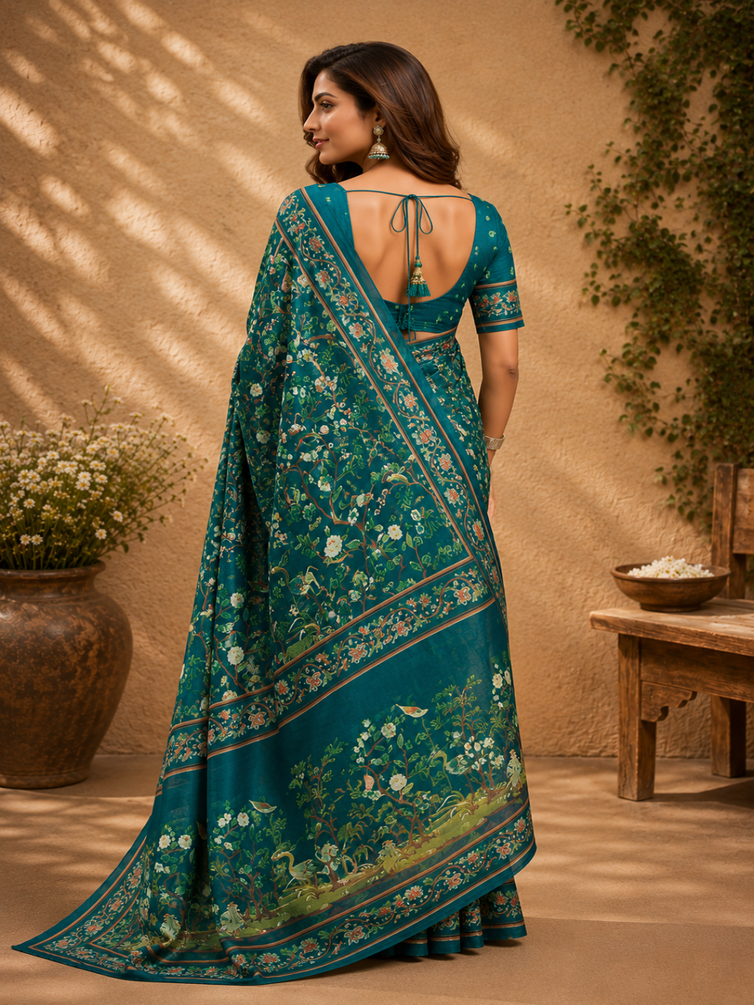 Intricate floral prints and traditional motifs, frequently featuring nature-inspired themes like flowers and birds