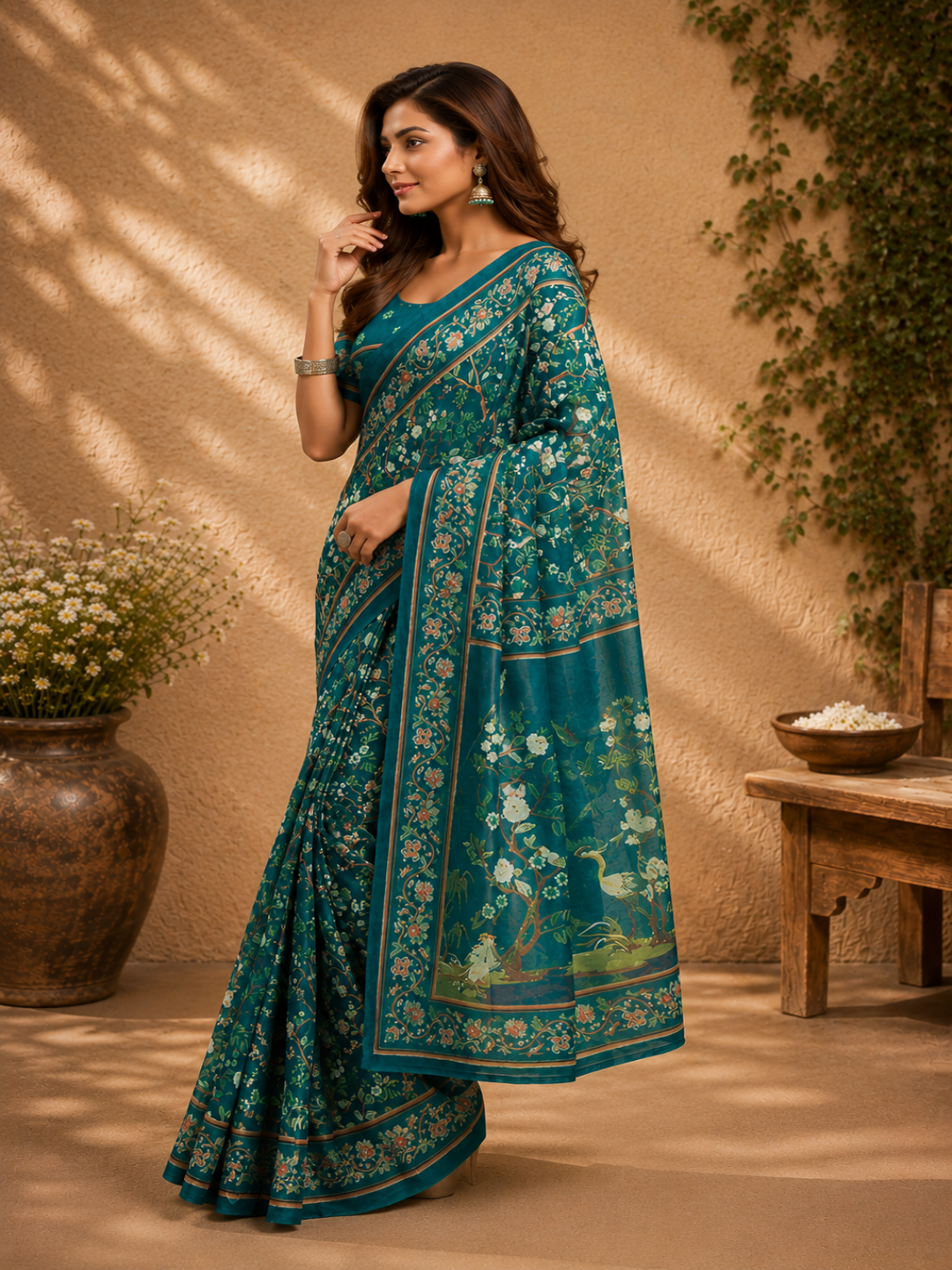 Intricate floral prints and traditional motifs, frequently featuring nature-inspired themes like flowers and birds