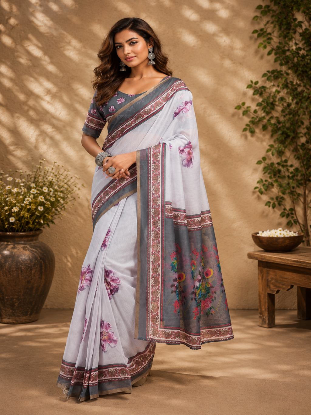 Ready-to-Wear Off-White Floral Linen Saree
