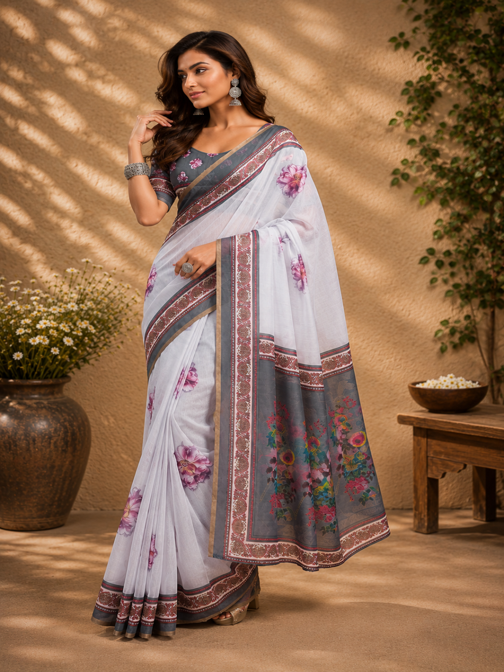 Ready-to-Wear Off-White Floral Linen Saree