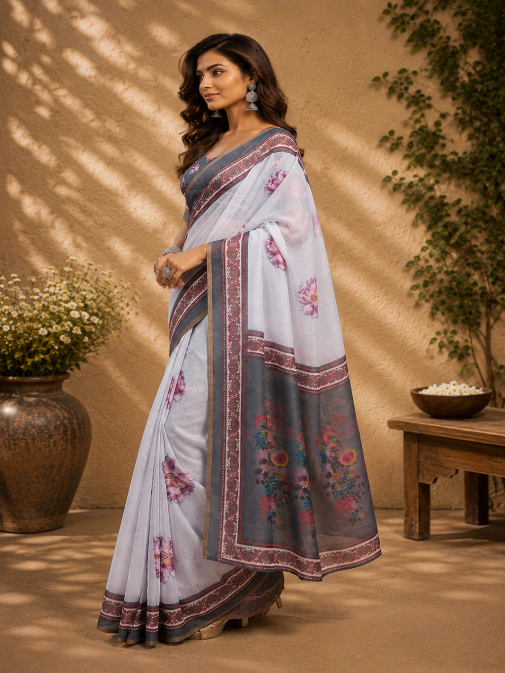Ready-to-Wear Off-White Floral Linen Saree