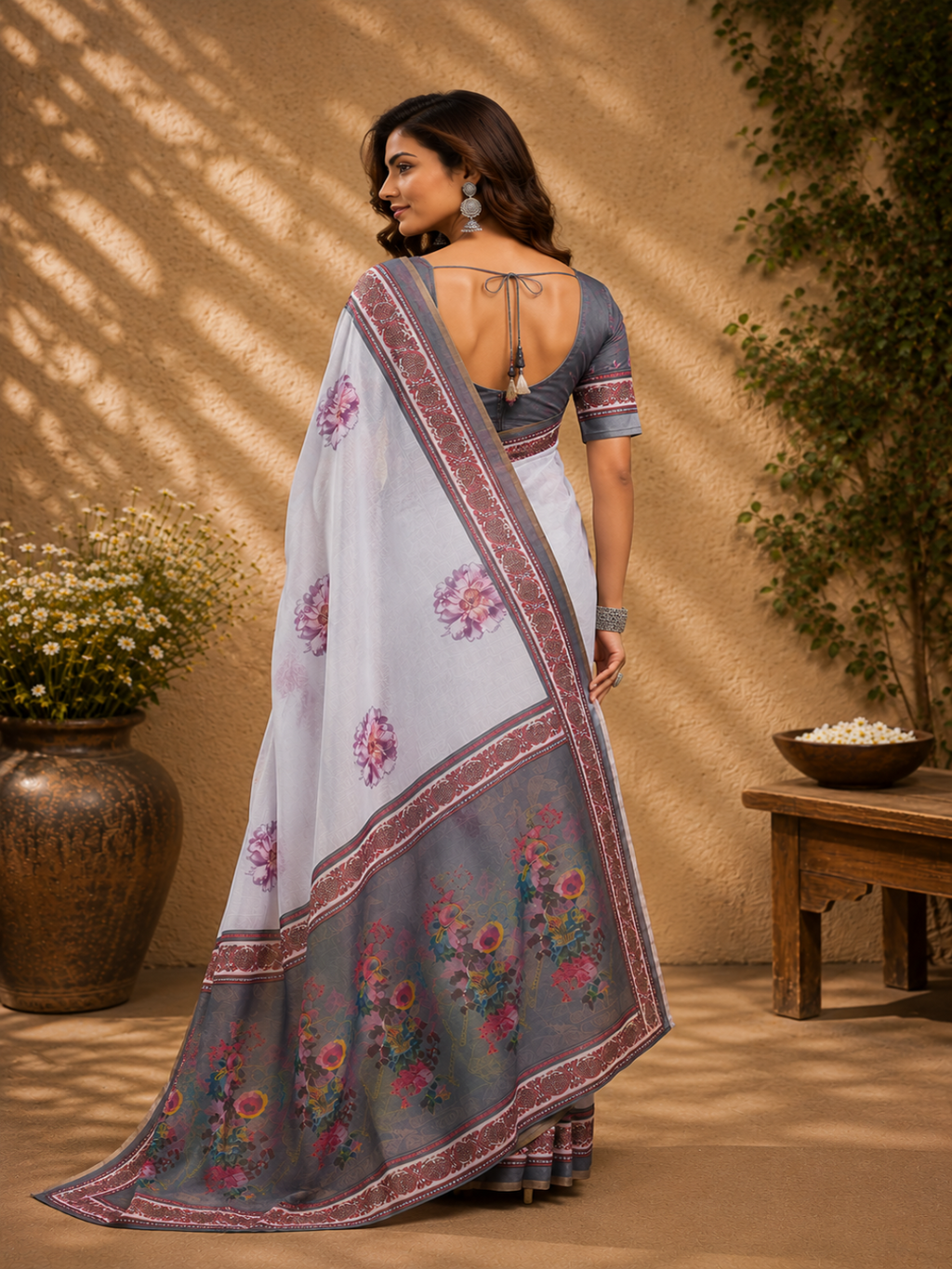 Ready-to-Wear Off-White Floral Linen Saree