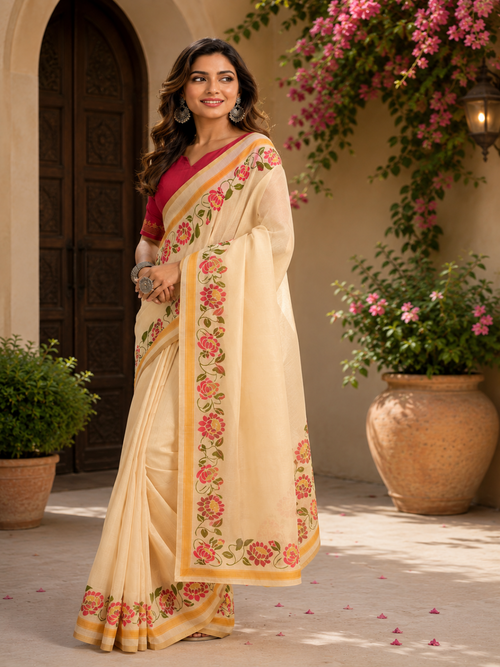 Contemporary Chic: "Ready-To-Wear Chanderi Cotton Printed Saree