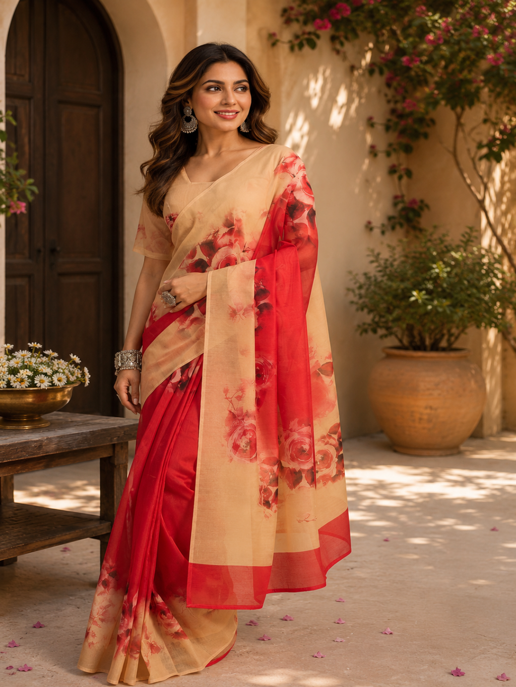 Ready-To-Wear Red Linen Floral Printed Saree