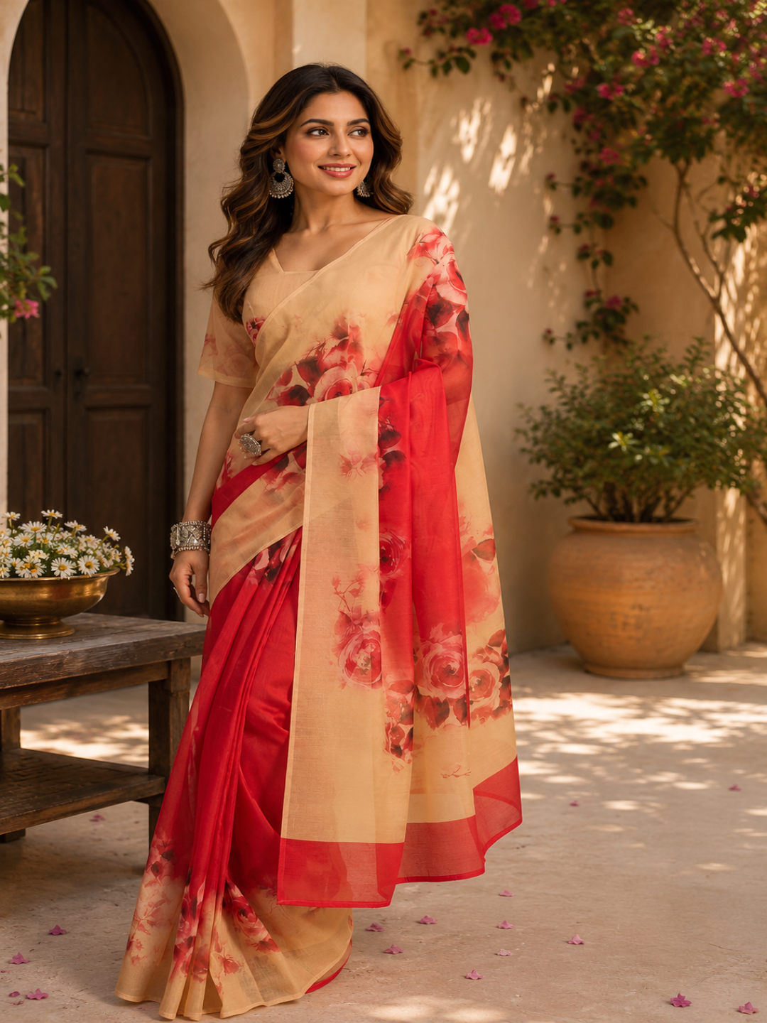 Ready-To-Wear Red Linen Floral Printed Saree