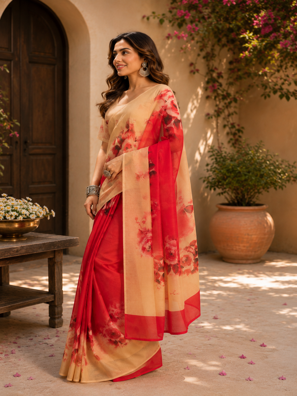 Ready-To-Wear Red Linen Floral Printed Saree