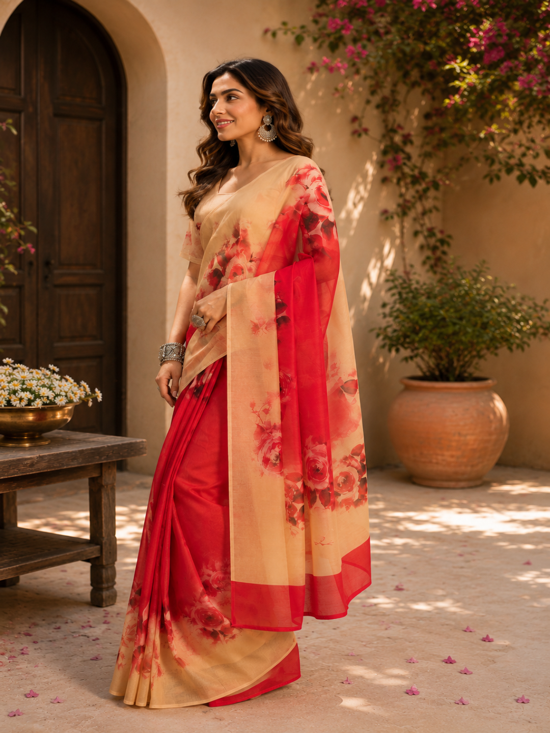 Ready-To-Wear Red Linen Floral Printed Saree