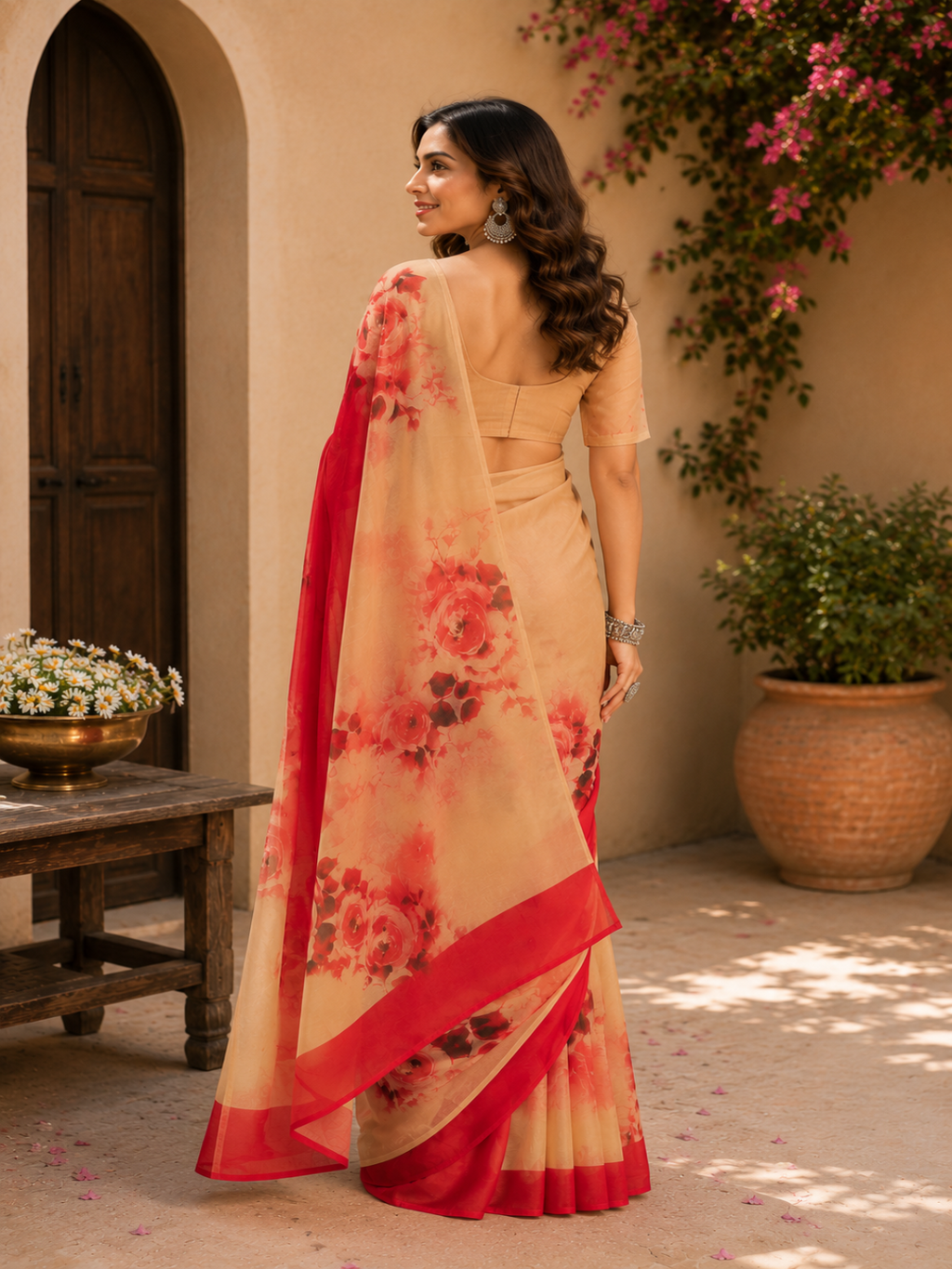 Ready-To-Wear Red Linen Floral Printed Saree