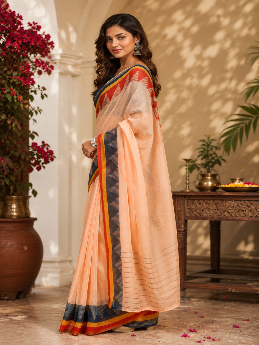 Hand-Woven Peach Bliss Bengal Cotton Saree