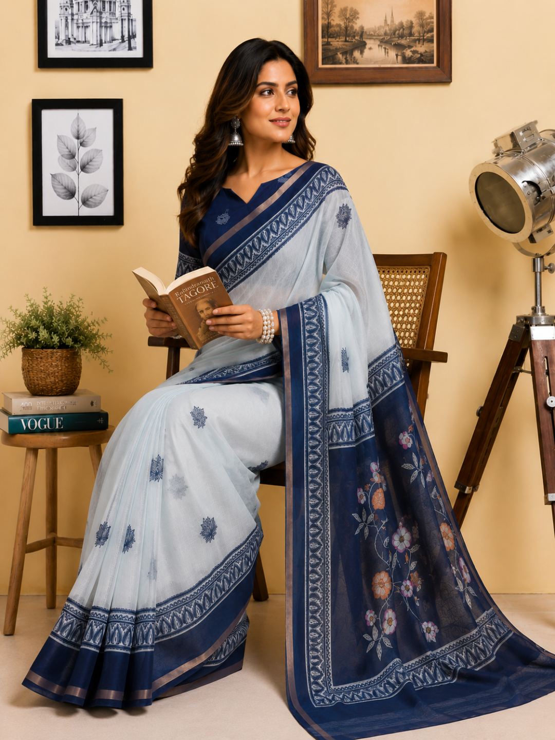 Indigo Azure Heritage Saree: A more poetic title emphasizing the rich blue tones and the handloom-style printed border.