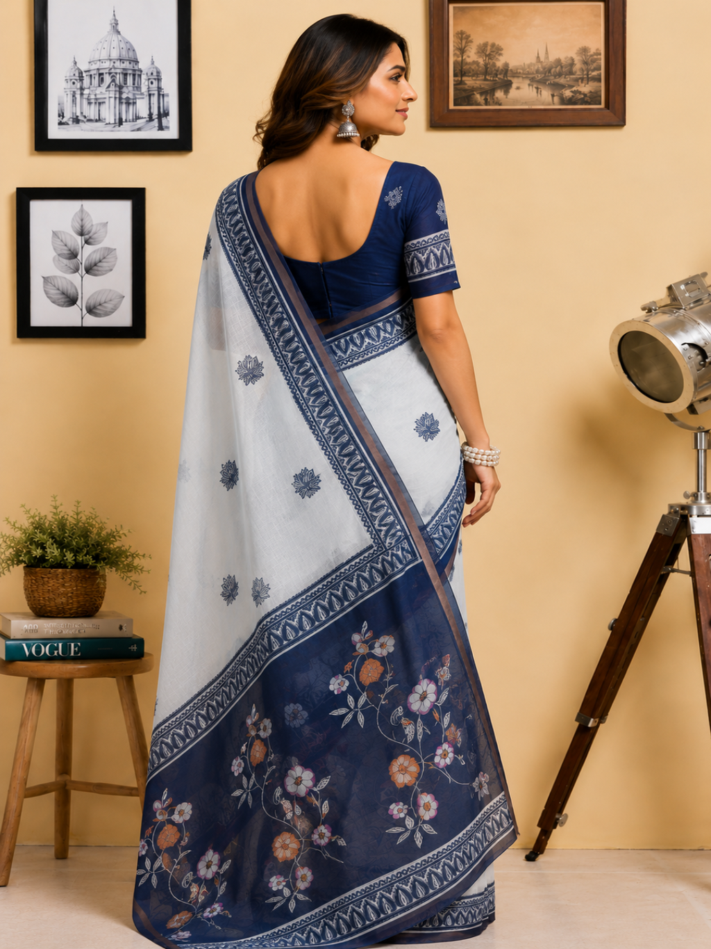 Indigo Azure Heritage Saree: A more poetic title emphasizing the rich blue tones and the handloom-style printed border.