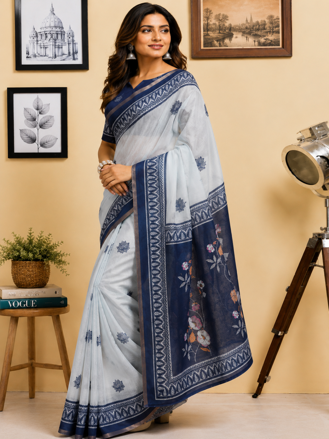 Indigo Azure Heritage Saree: A more poetic title emphasizing the rich blue tones and the handloom-style printed border.