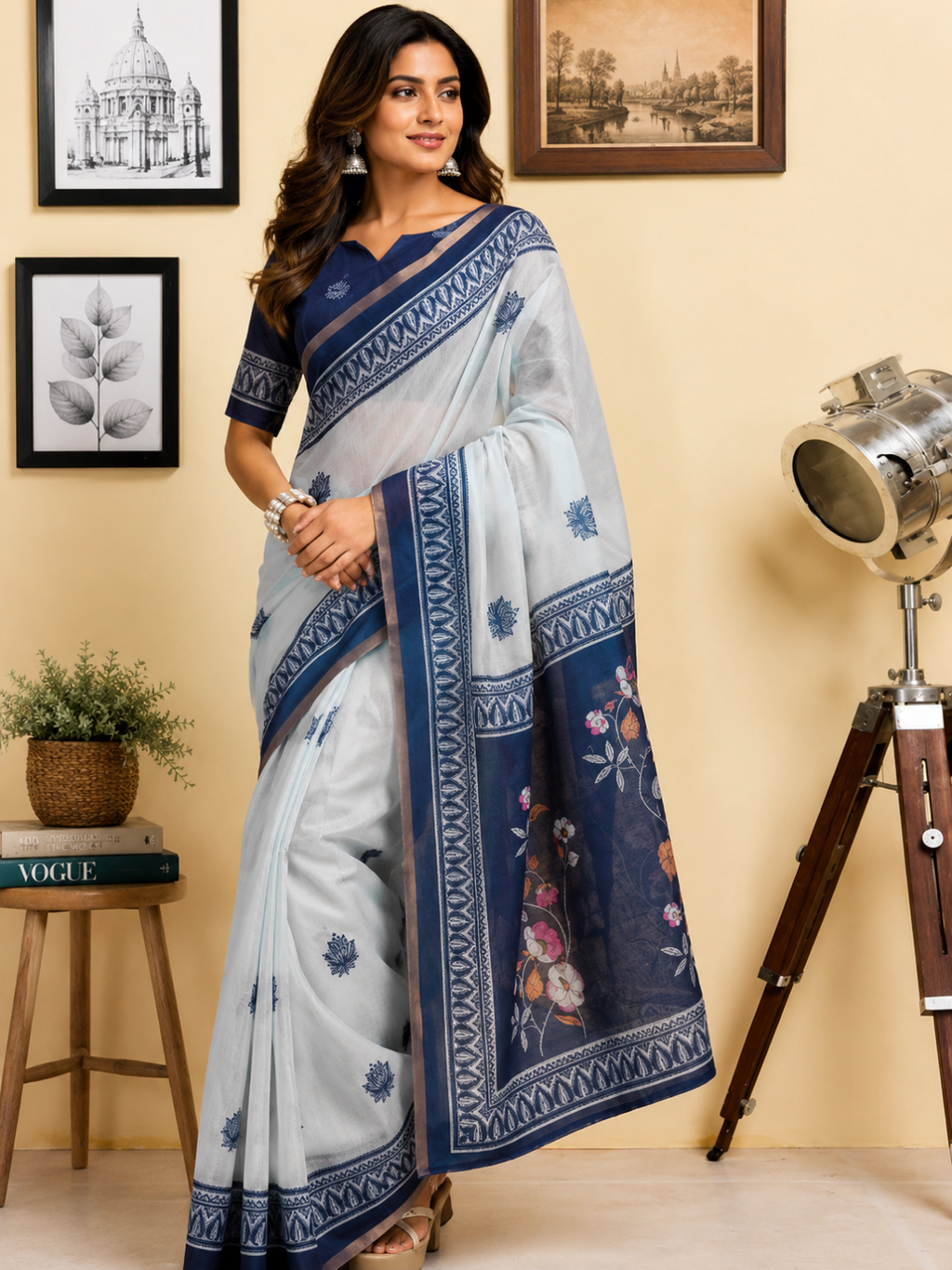 Indigo Azure Heritage Saree: A more poetic title emphasizing the rich blue tones and the handloom-style printed border.