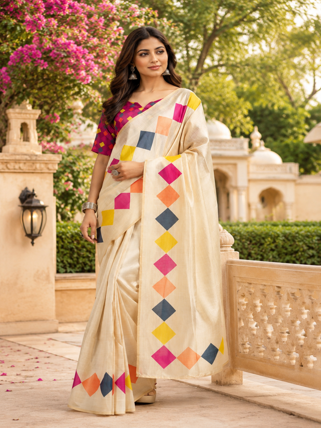 Cream Georgette with Diamond Border ready to wear saree