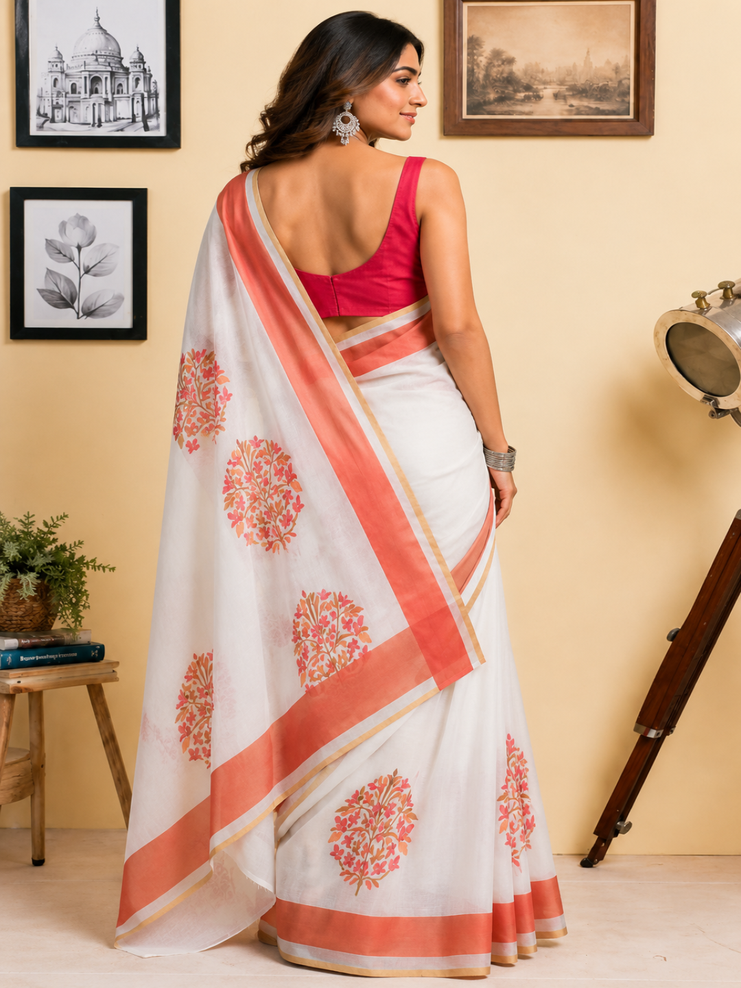 White and Red Floral Border Linen Cotton Saree
