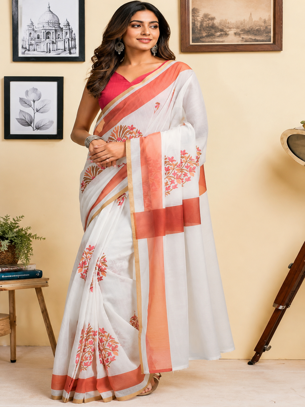 White and Red Floral Border Linen Cotton Saree
