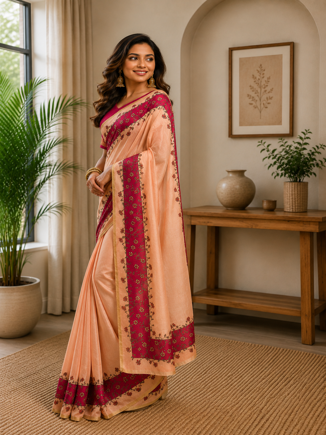 Peach Elegance with Floral Border ready to wear saree