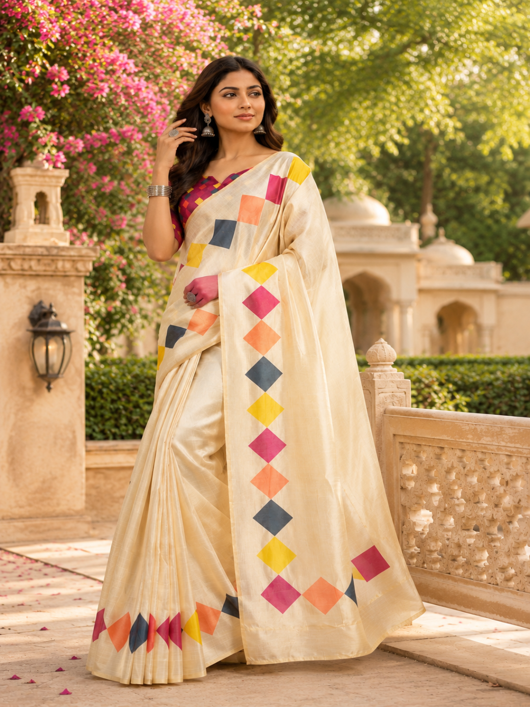 Cream Georgette with Diamond Border ready to wear saree
