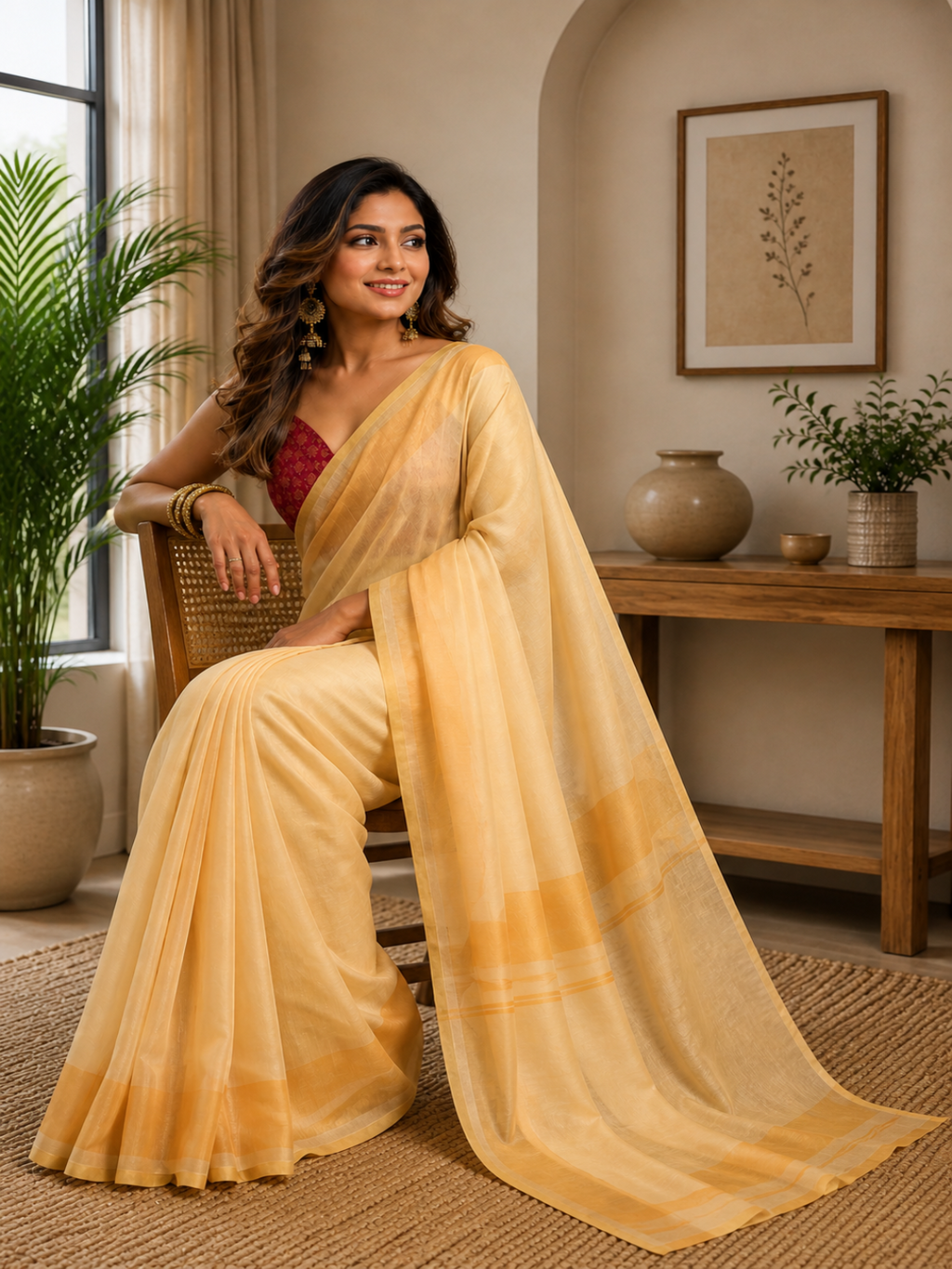 Light Lemon Handloom Cotton-Silk ready to wear Saree with Golden Accents