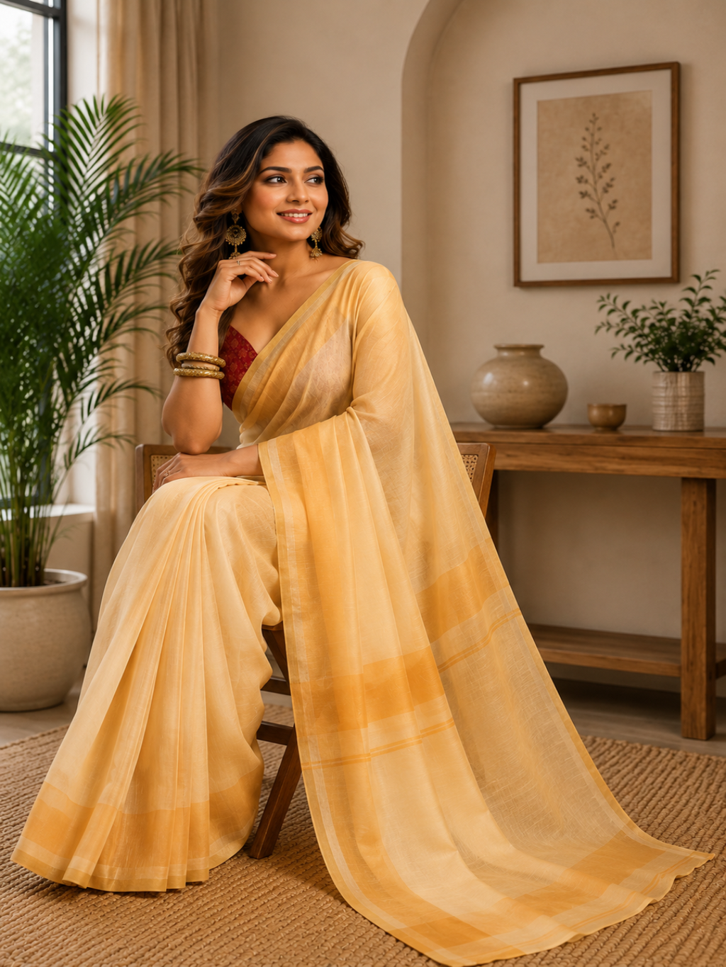 Light Lemon Handloom Cotton-Silk ready to wear Saree with Golden Accents