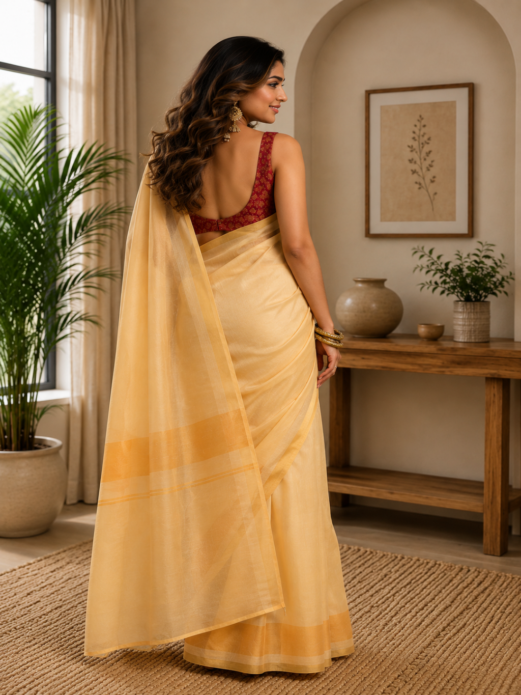 Light Lemon Handloom Cotton-Silk ready to wear Saree with Golden Accents