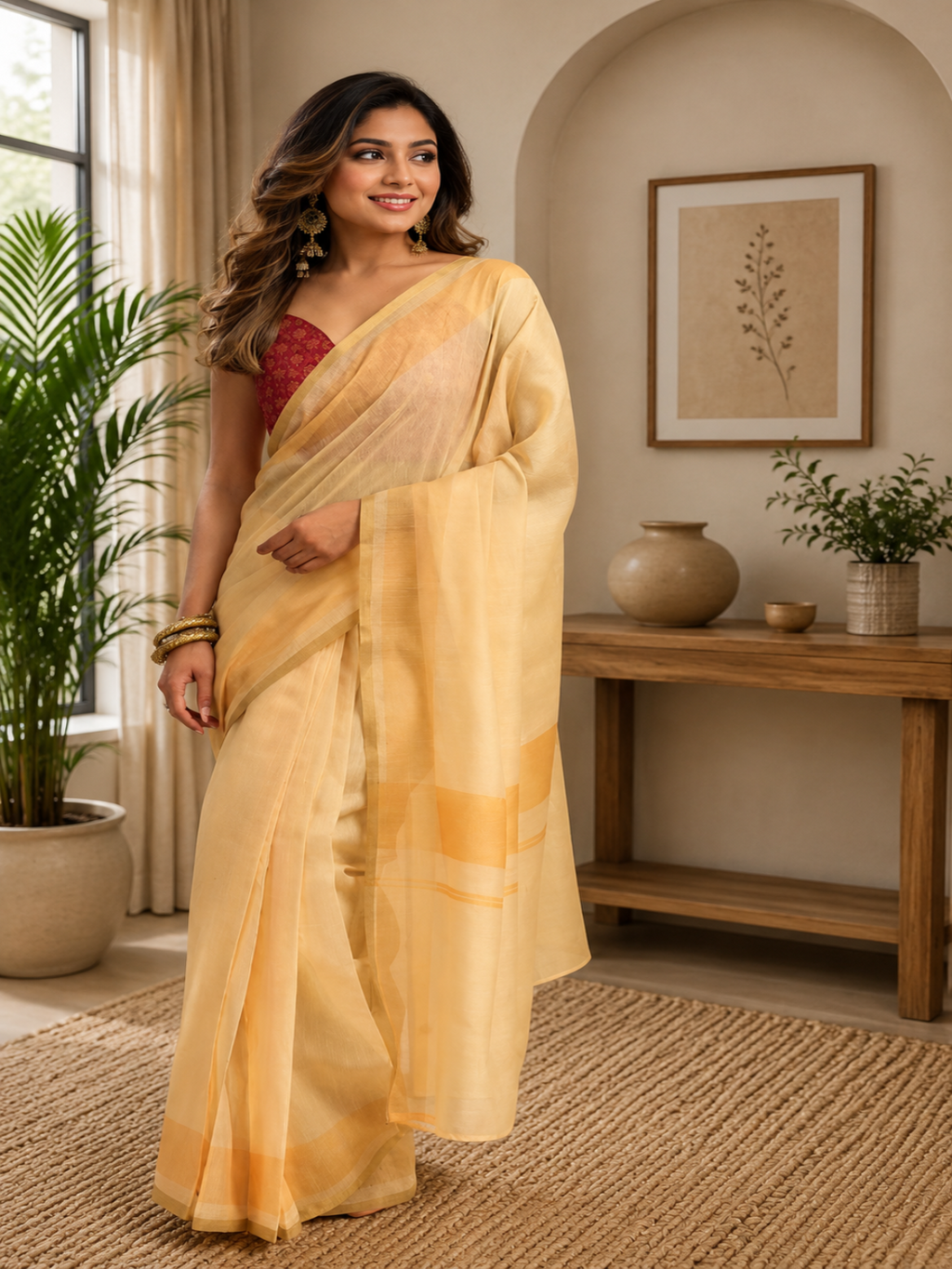 Light Lemon Handloom Cotton-Silk ready to wear Saree with Golden Accents