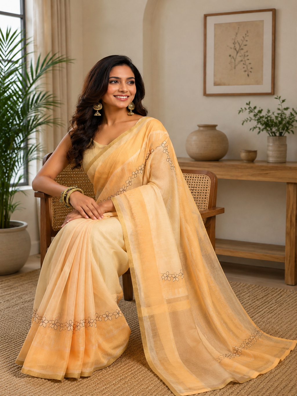 Peach Cotton Printed ready to wear  Saree