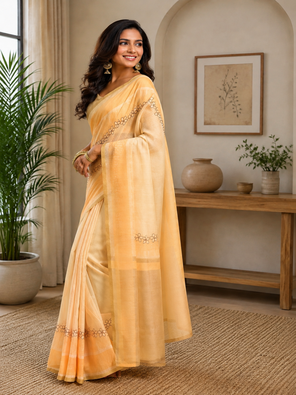 Peach Cotton Printed ready to wear  Saree