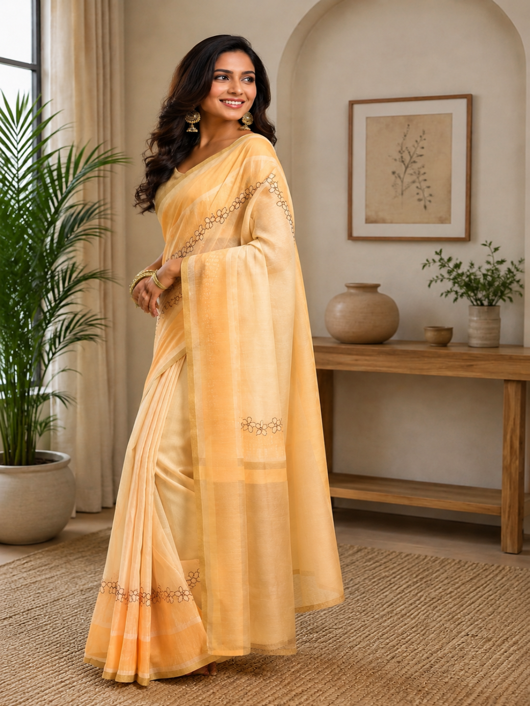 Peach Cotton Printed ready to wear  Saree