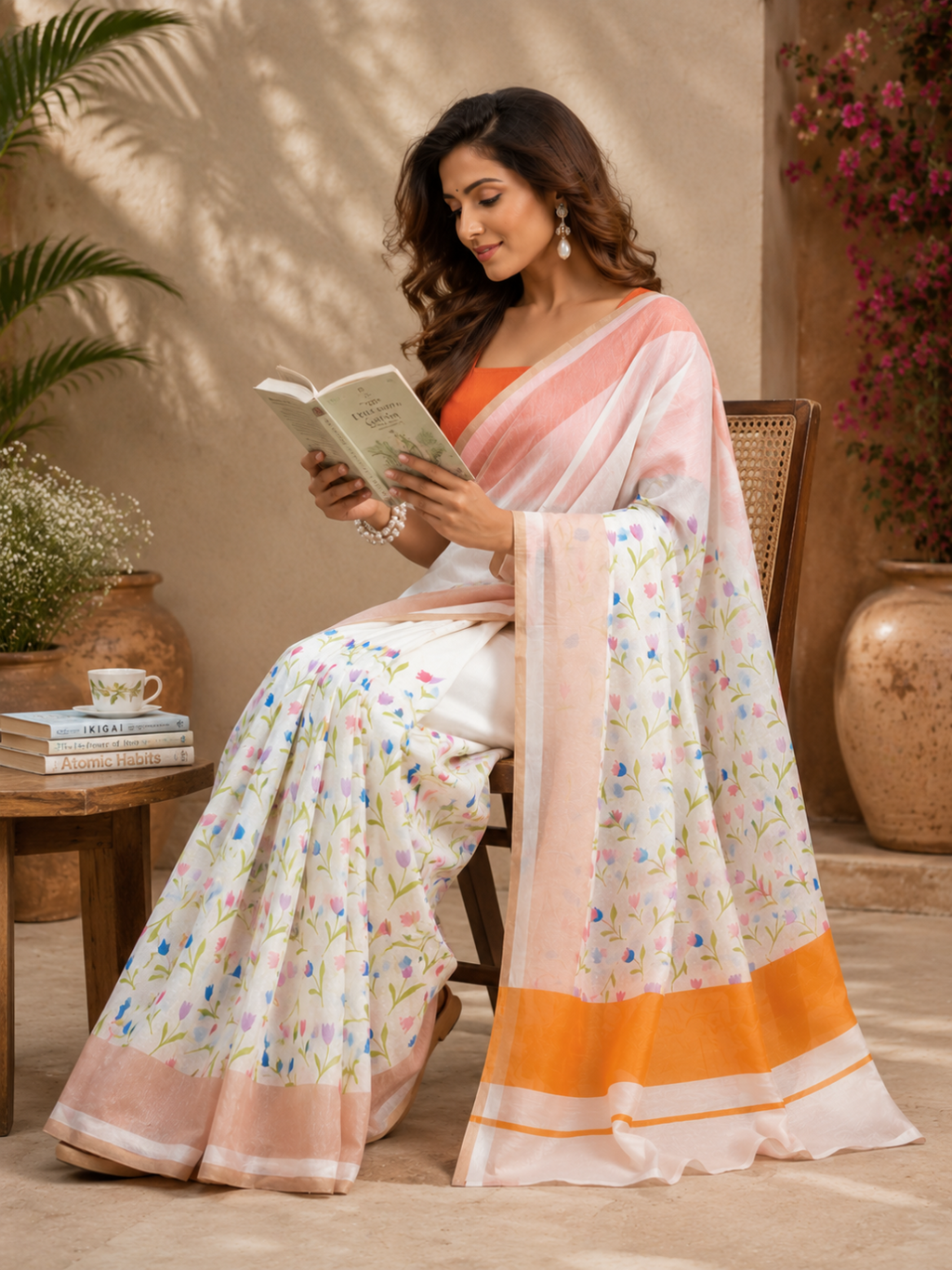 Ready To Wear Off White Linen Floral Printed Saree