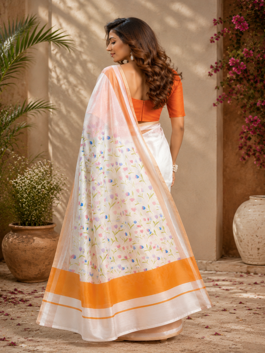 Ready To Wear Off White Linen Floral Printed Saree