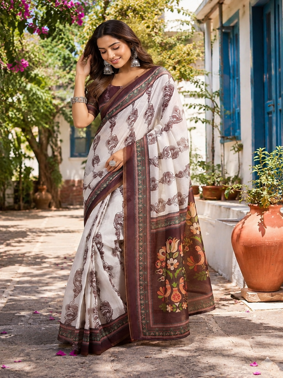 Chanderi Charm": Highlights the lightweight and elegant Chanderi cotton fabric of the saree.