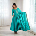 Rama Teal Roman Chanderi Silk Flared Anarkali Set