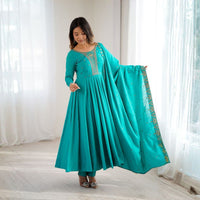 Rama Teal Roman Chanderi Silk Flared Anarkali Set