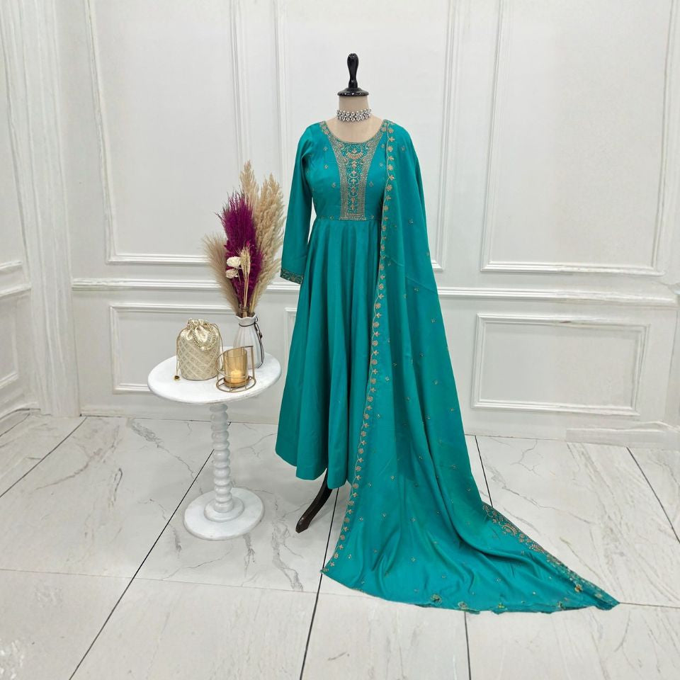 Rama Teal Roman Chanderi Silk Flared Anarkali Set