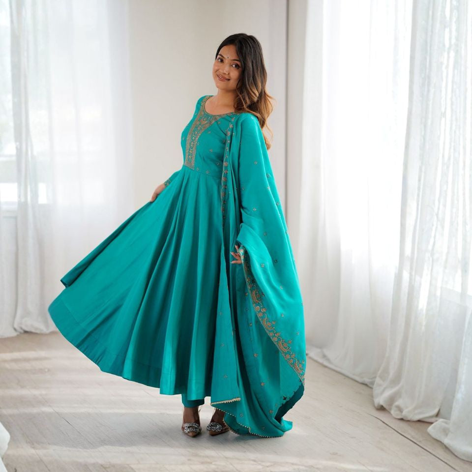 Rama Teal Roman Chanderi Silk Flared Anarkali Set