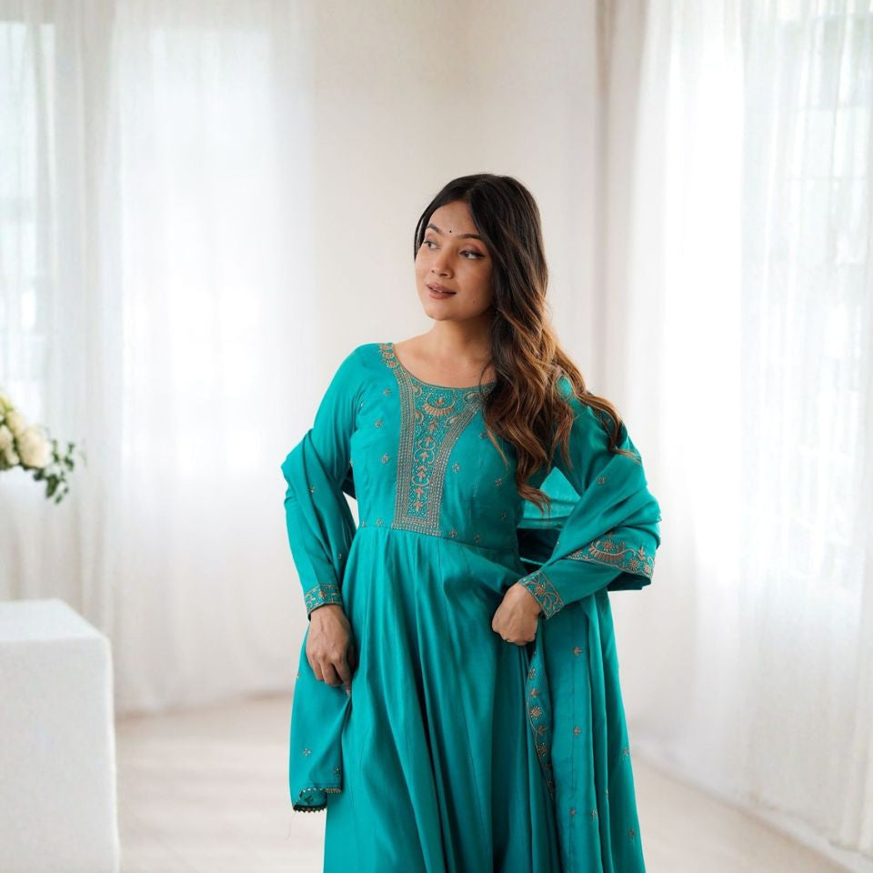 Rama Teal Roman Chanderi Silk Flared Anarkali Set