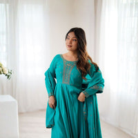 Rama Teal Roman Chanderi Silk Flared Anarkali Set